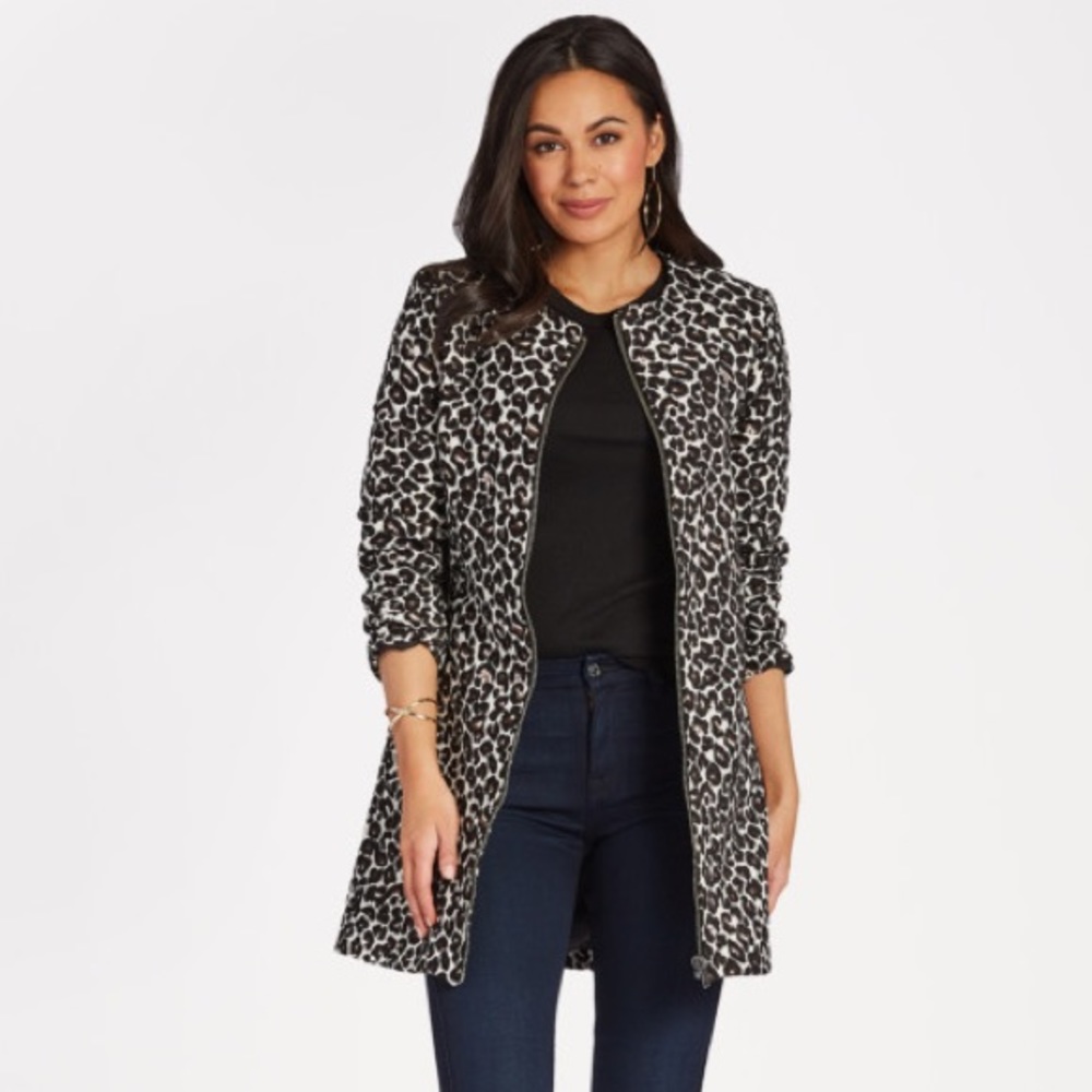 Cupcakes and Cashmere Adeltia Leopard Jacquard Long Coat Black White Fall Winter